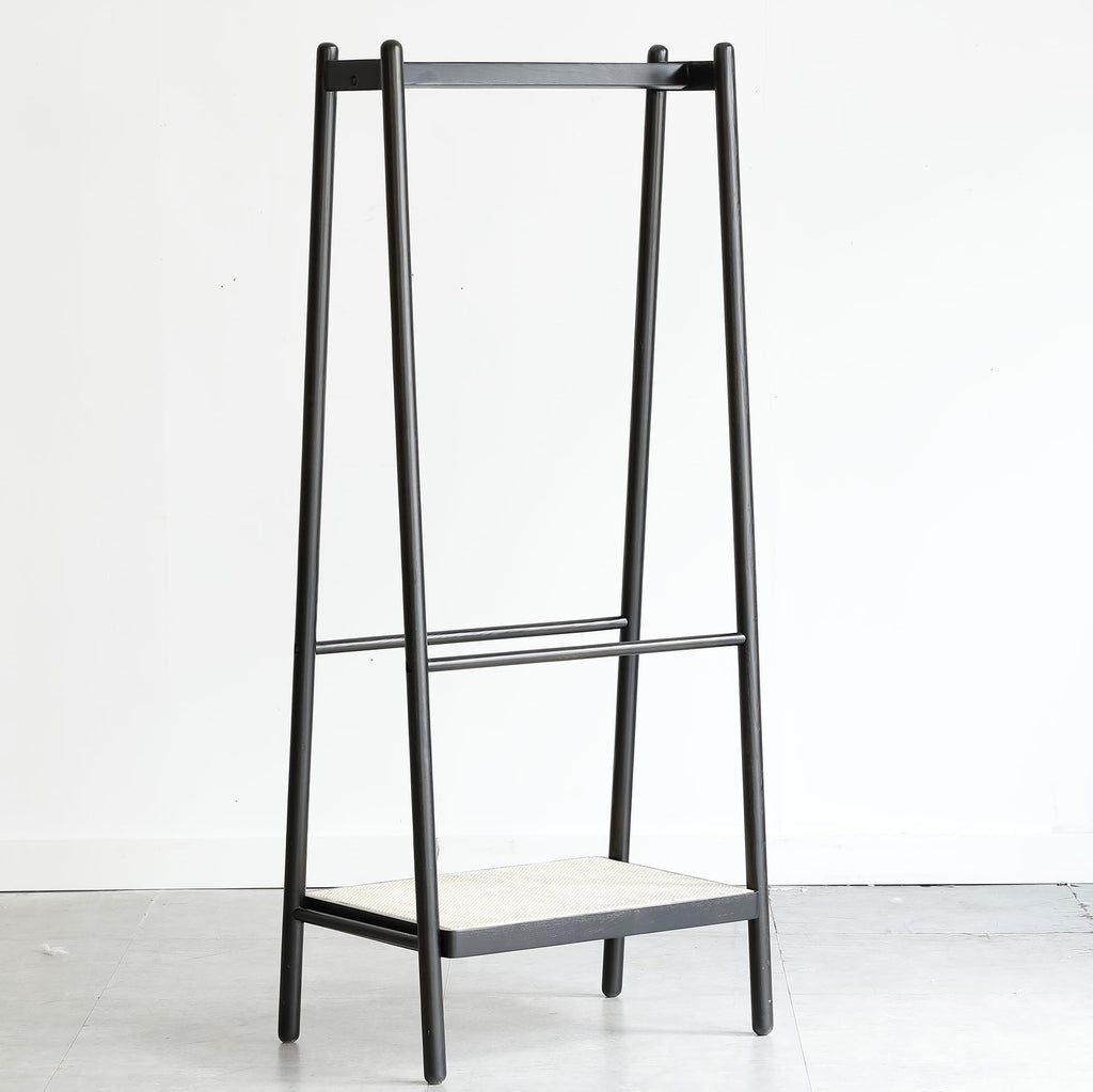 Solid Oak Garment Rack with Rattan Hangers & Shelves