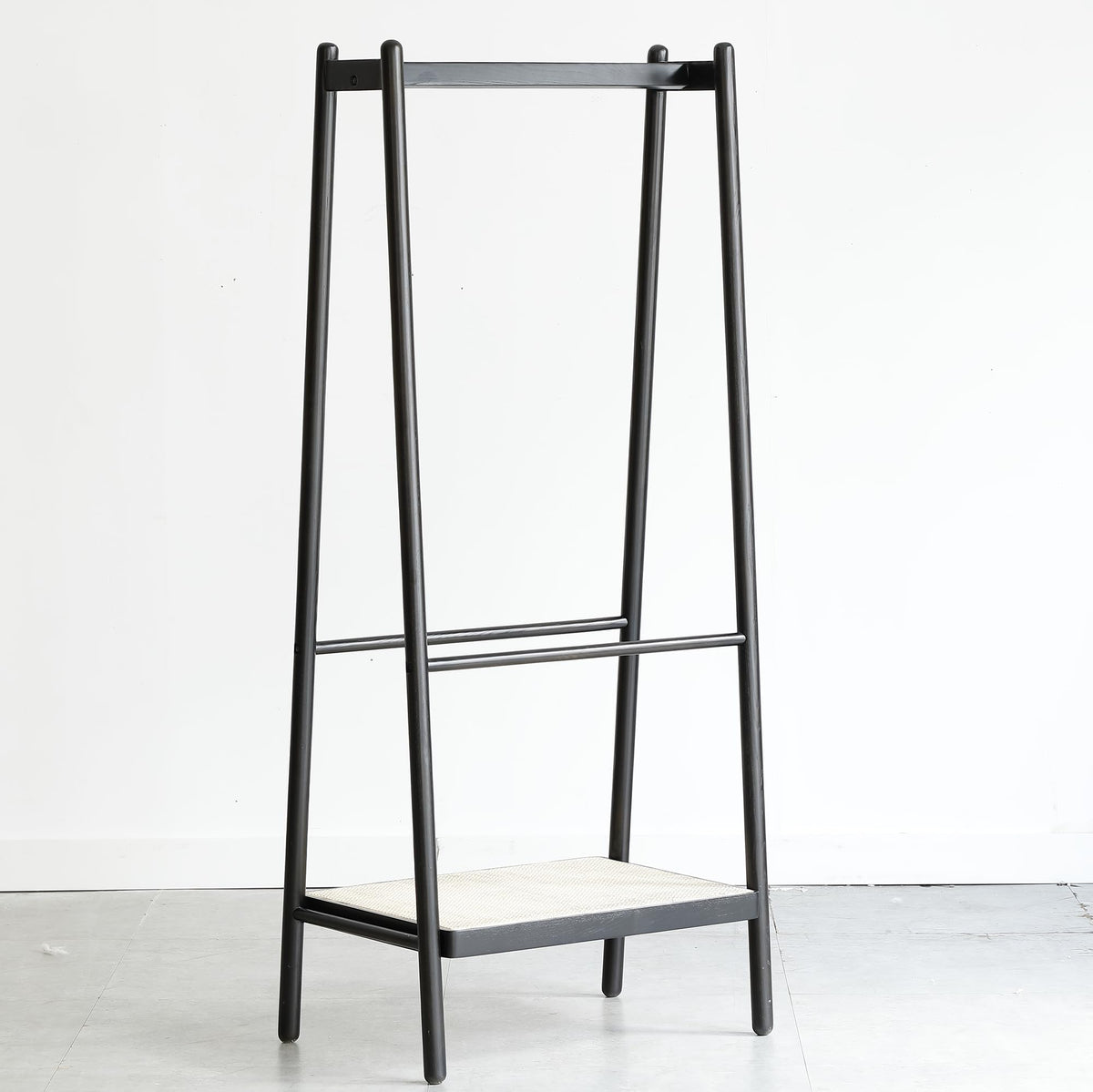 Solid Oak Garment Rack with Rattan Hangers & Shelves