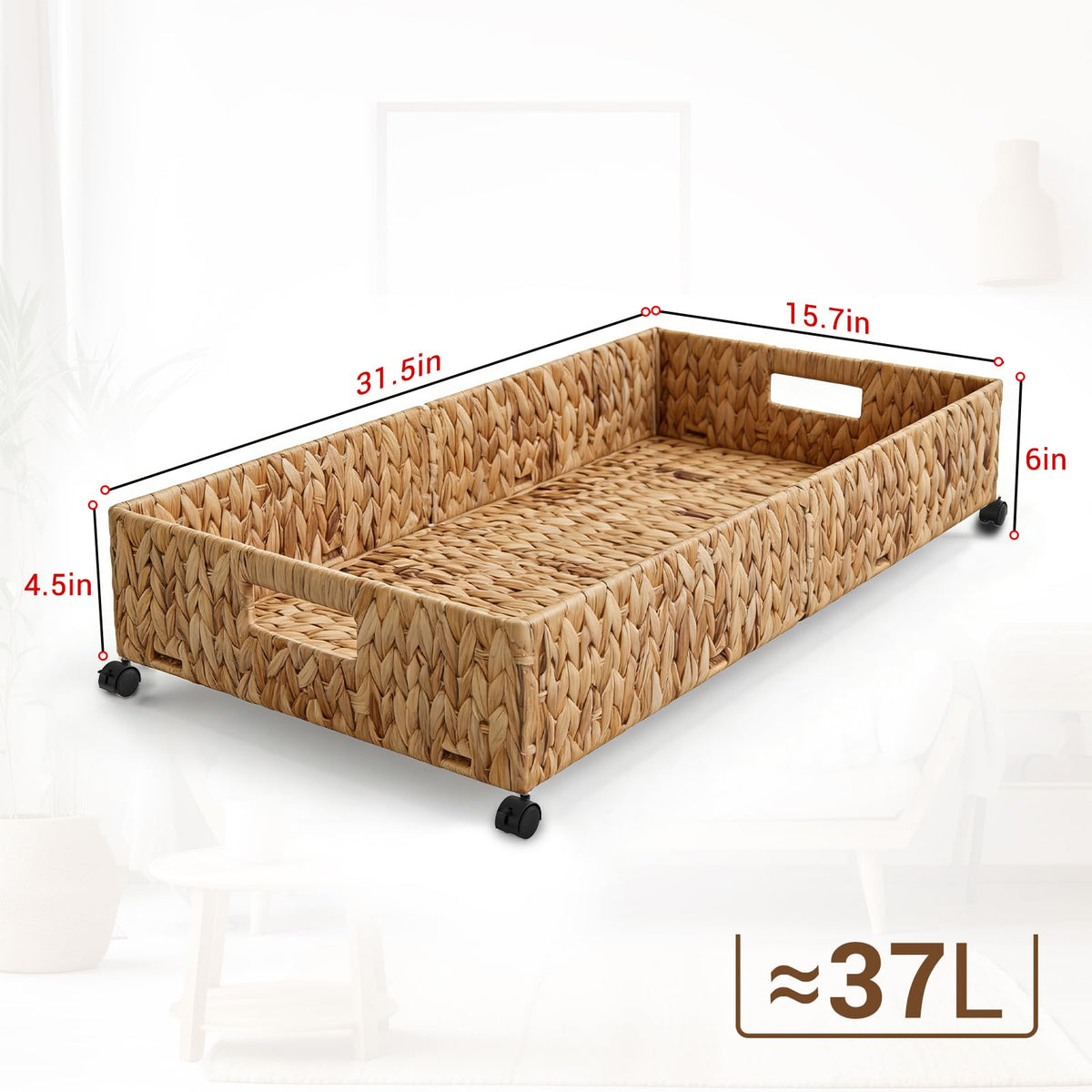 Nonkky Under Bed Storage with Wheels, 31.5in / 37L Large Handwoven Water Hyacinth Under Bed Shoe Storage Organizer Drawer, Tool-free Assembly Rolling Storage Containers