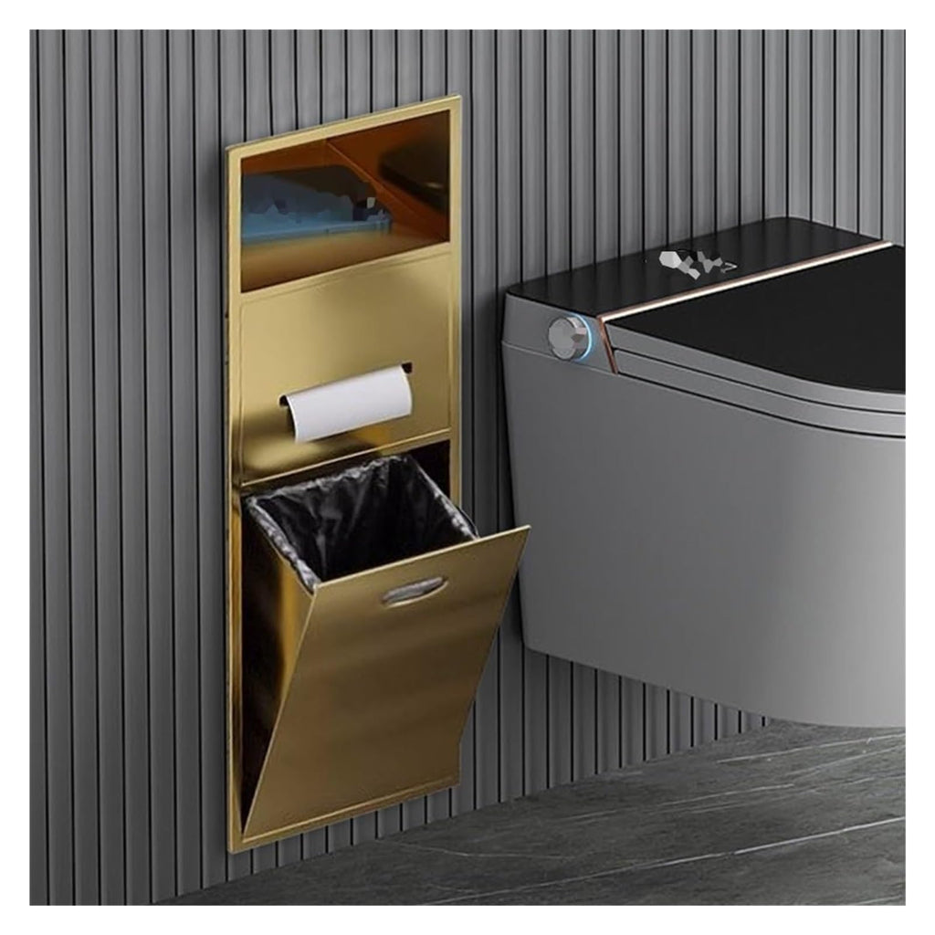 Stainless Steel Shower Nich, Waterproof Storage Toilet Paper Holder Shower Niche, Recessed Trash Can Alcove for Bathroom Storage/Shampoo/Toiletries,Gold,28x60x13.5cm