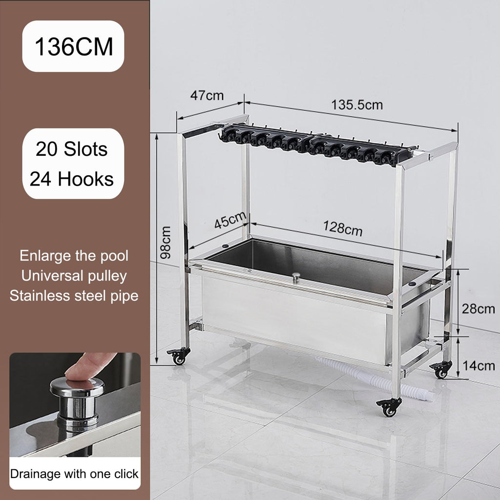 Mobile Broom & Mop Storage Cart with 20 Slots and 24 Hooks