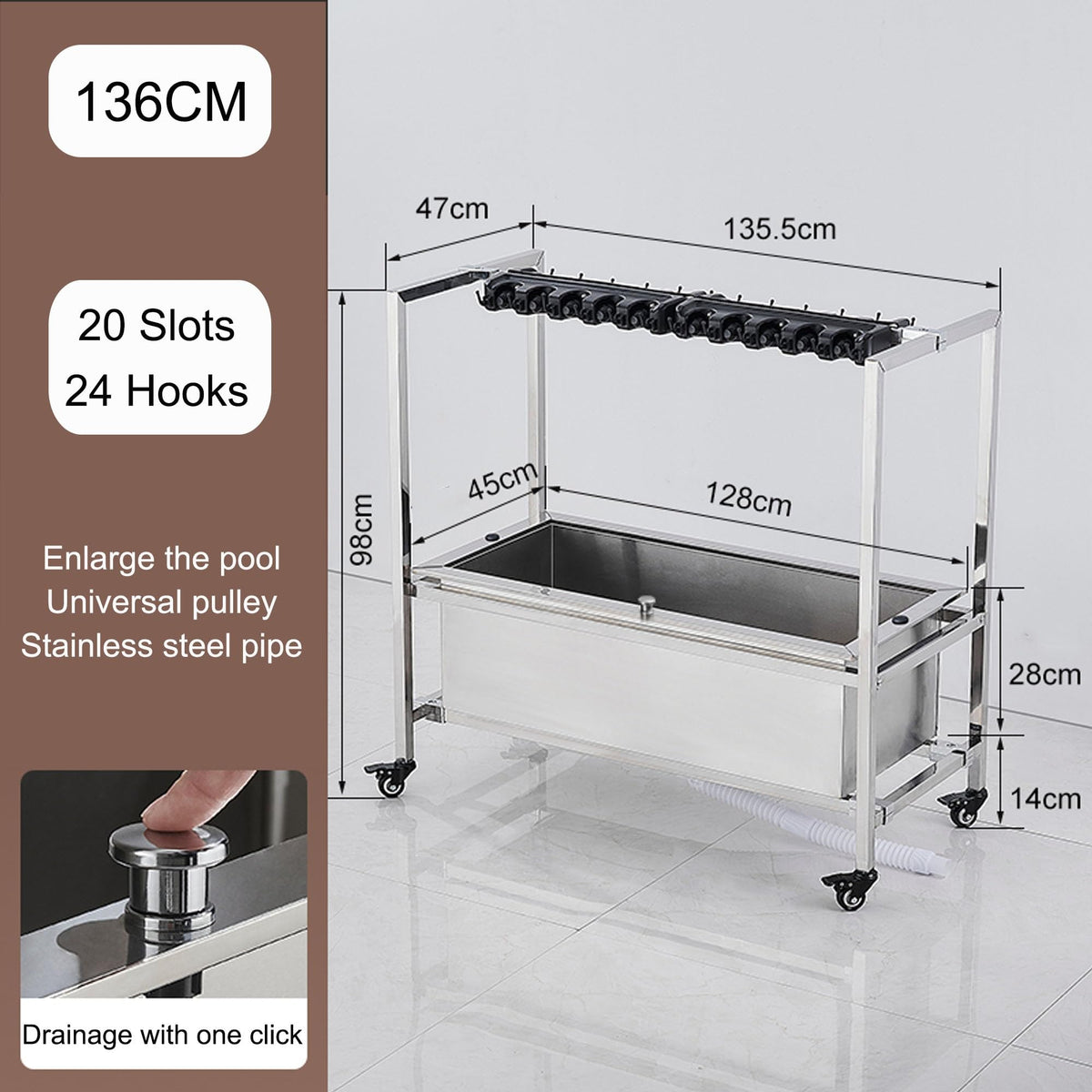 Mobile Broom & Mop Storage Cart with 20 Slots and 24 Hooks