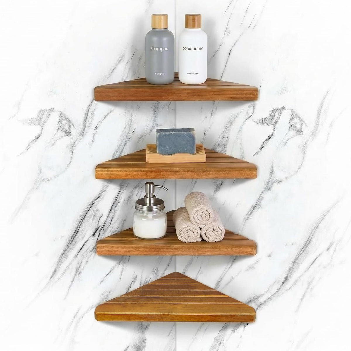 ENKEZI Acacia 2,3 Tiers Corner Shower Shelf, Triangular Corner Shelf Wooden Bathroom Shelf for Tiled Wall, Shower Corner Shelf, No Drilling Requied