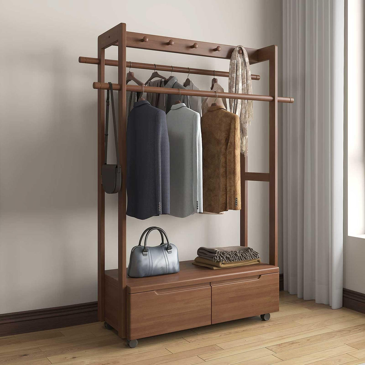 RFBXZPTADNU Solid Wood Rolling Garment Rack with 2 Drawers, Freestanding Double Rod Clothing with Top Hooks for Bedroom, Entryway & Closet