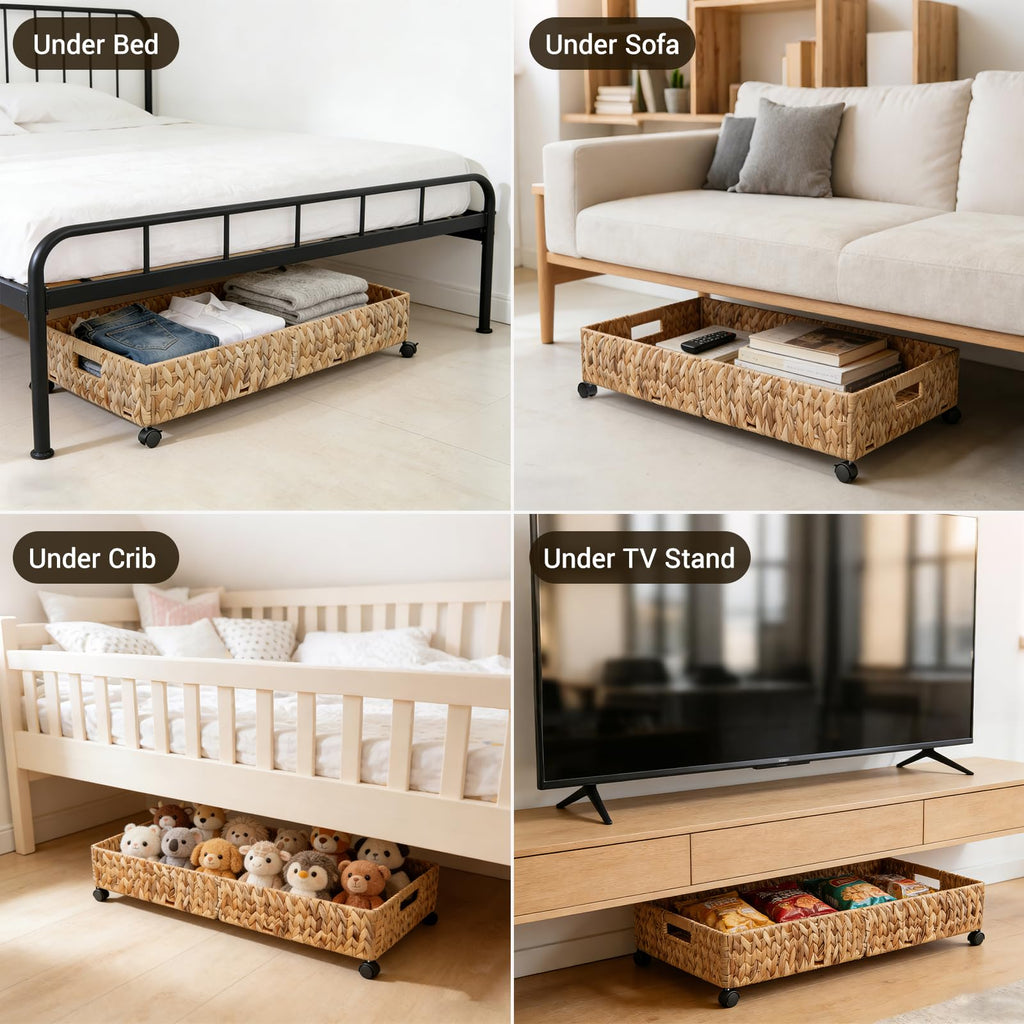 Nonkky Under Bed Storage with Wheels, 31.5in / 37L Large Handwoven Water Hyacinth Under Bed Shoe Storage Organizer Drawer, Tool-free Assembly Rolling Storage Containers