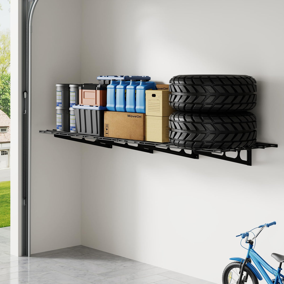 Wall-Mounted Garage Storage Shelf Rack with Utility Hooks