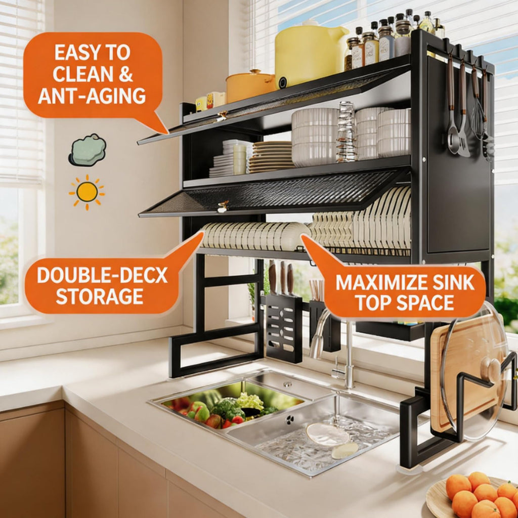 Space-Saving Kitchen Sink Shelf - Multifunctional Double Layer Dish Rack, Dustproof Countertop Organizer, 65cm/25.6in, Ideal for Draining and Storing Dishes (White)