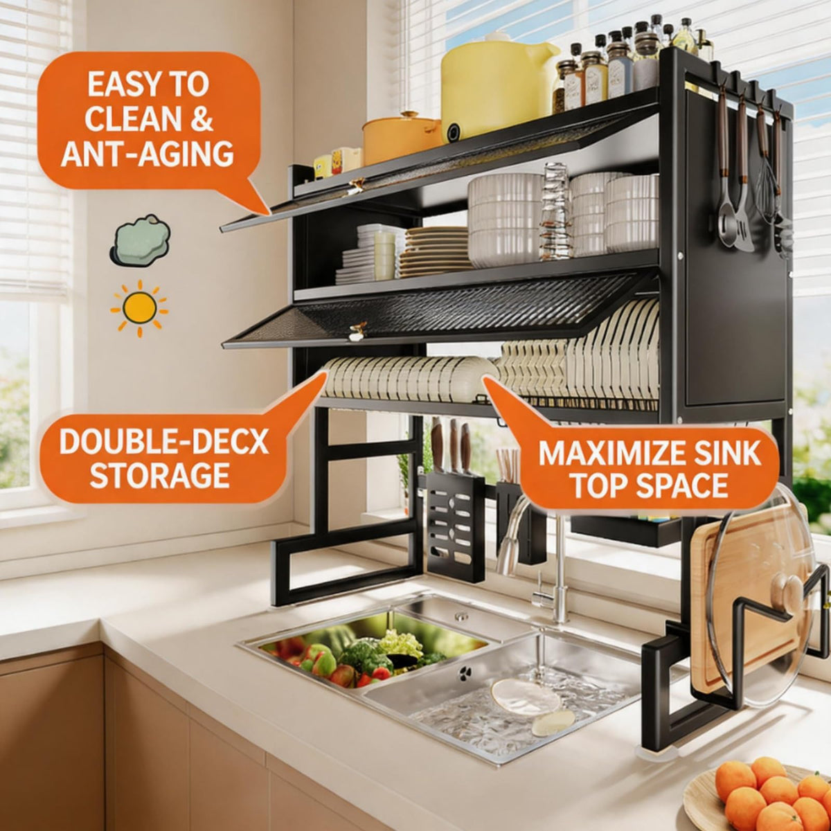 Space-Saving Kitchen Sink Shelf - Multifunctional Double Layer Dish Rack, Dustproof Countertop Organizer, 65cm/25.6in, Ideal for Draining and Storing Dishes (White)