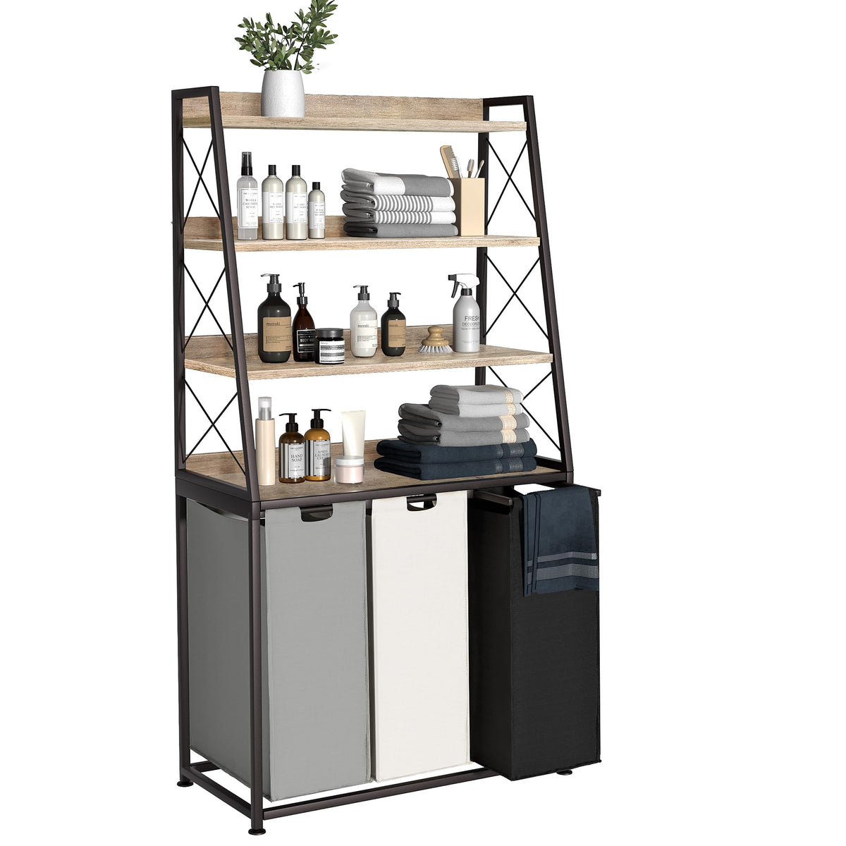 Herture 3 Section Laundry Hamper, 4 Tier Shelf, Pull-Out & Removable Bags, Large 3 x 15.87 Gallons, for Room