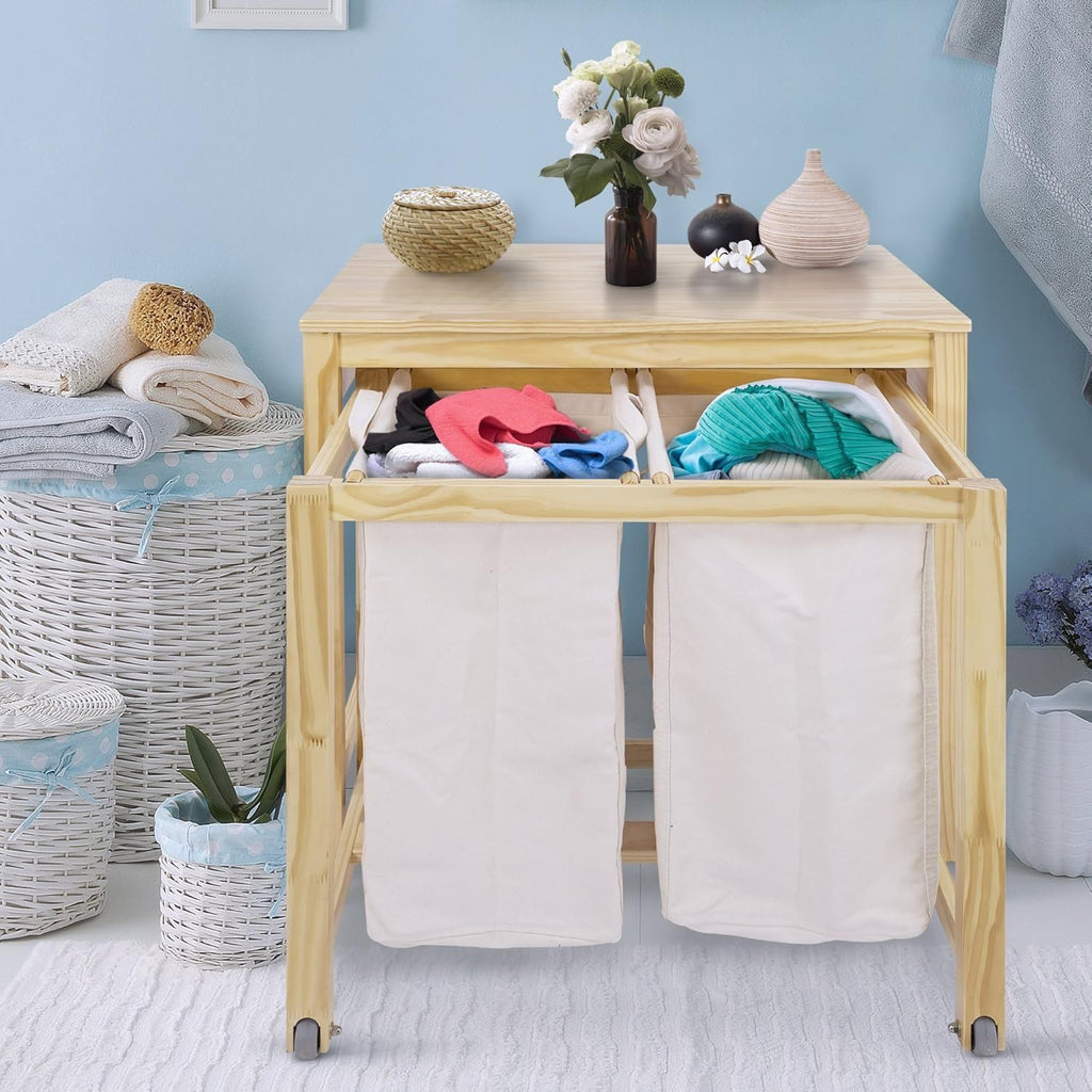 Solid Wood Laundry Prep Hamper with Folding Storage Table
