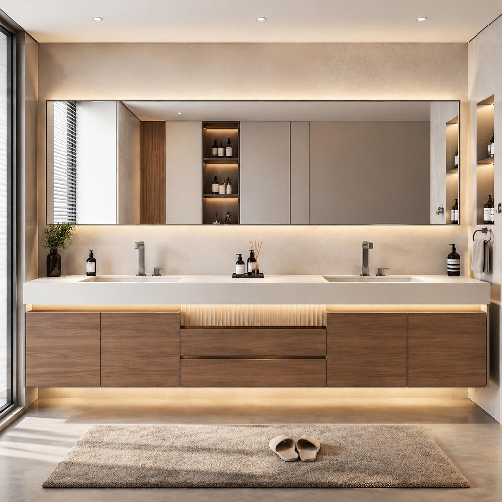 KOCFUA Floating Double Bathroom Vanity with Integrated Sinks & LED Mirror