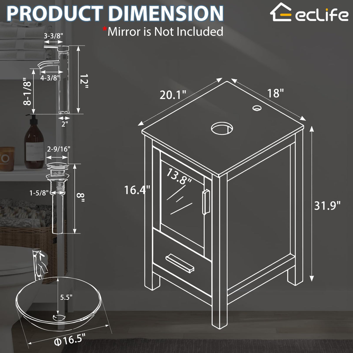 eclife Modern Bathroom Vanity Cabinet with Vessel Sink Combo (18+24)