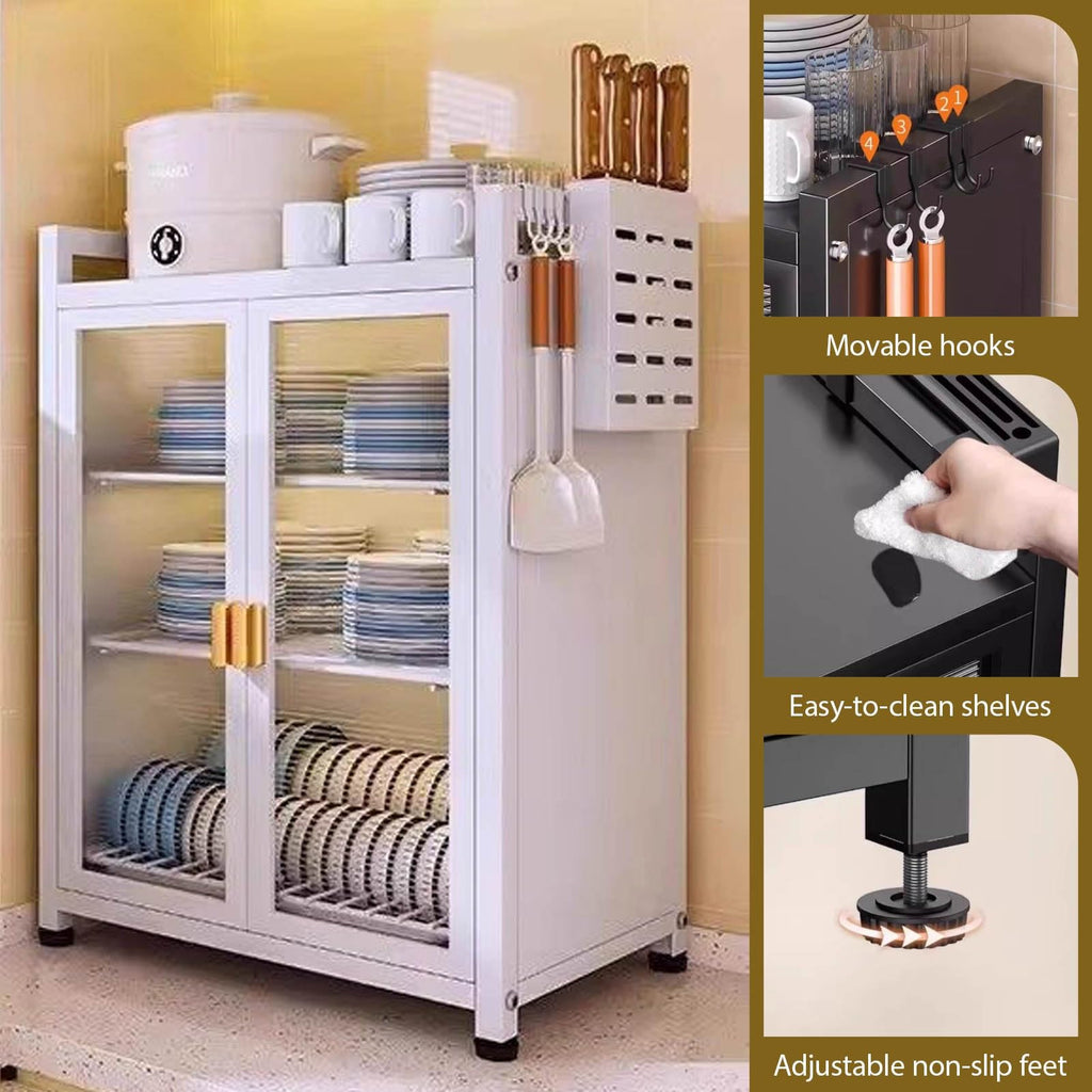 Multifunctional Kitchen Countertop Dish Cabinet, White Storage Rack with Dustproof Doors, Space-Saving Sink Organizer for Efficient Kitchen Organization, 3-Tier Design
