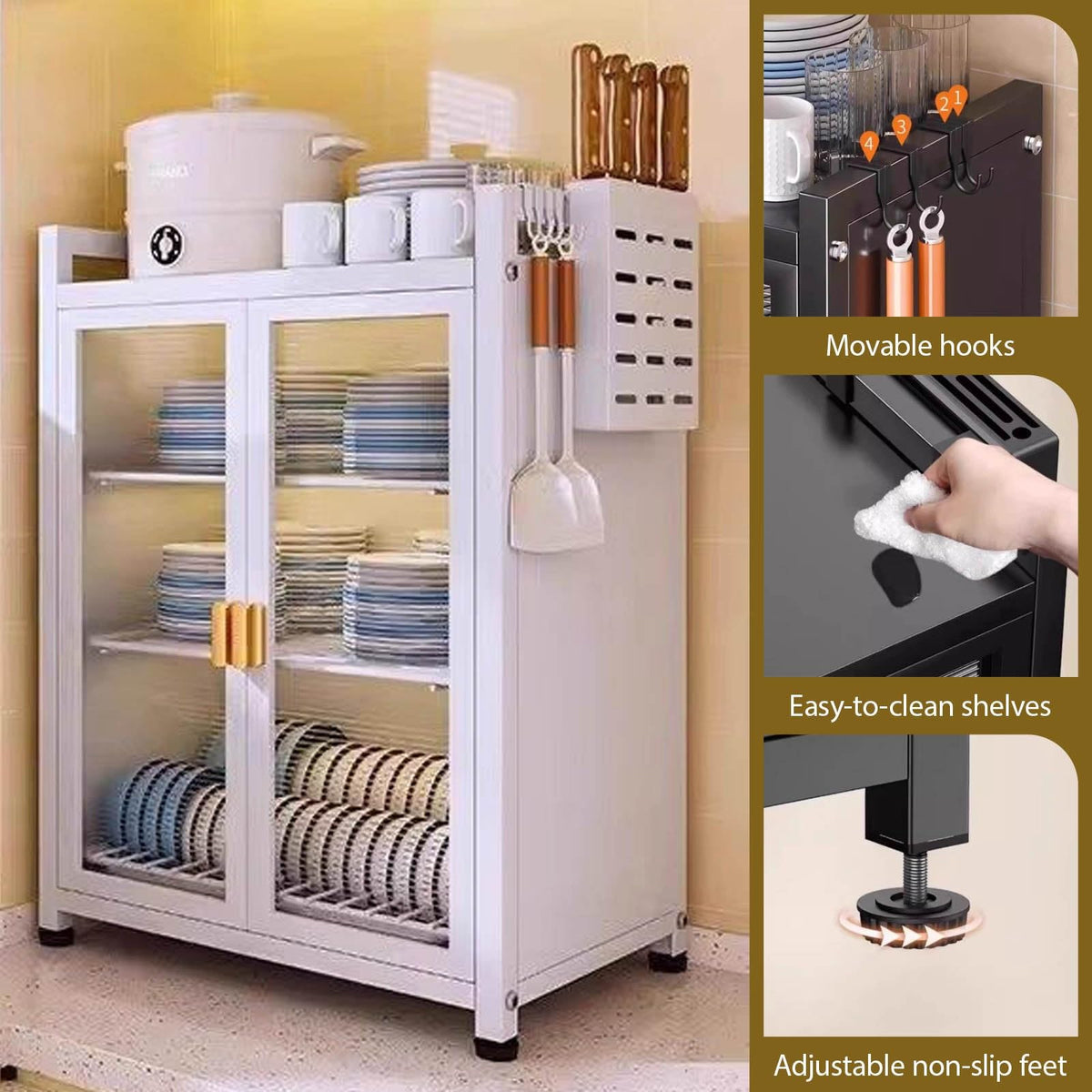Multifunctional Kitchen Countertop Dish Cabinet, White Storage Rack with Dustproof Doors, Space-Saving Sink Organizer for Efficient Kitchen Organization, 3-Tier Design