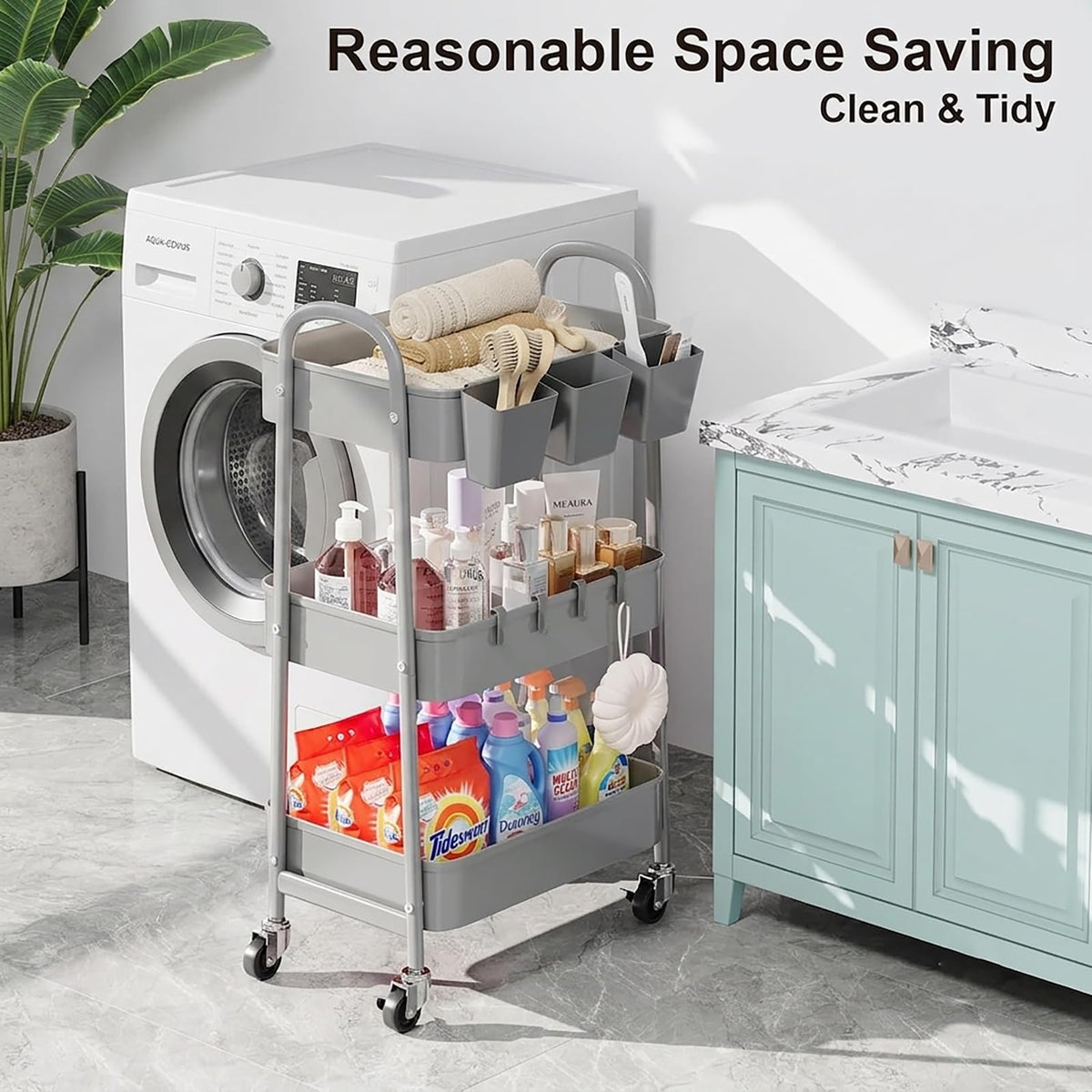 3 Tier Heavy Duty White Metal Rolling Cart with Lockable Wheels, Three Tier Roller Book Snack Cart, Utility Storage Organizer Carts for Kitchen, Bathroom, Garage, Baby Diaper, Craft, Art, Teacher