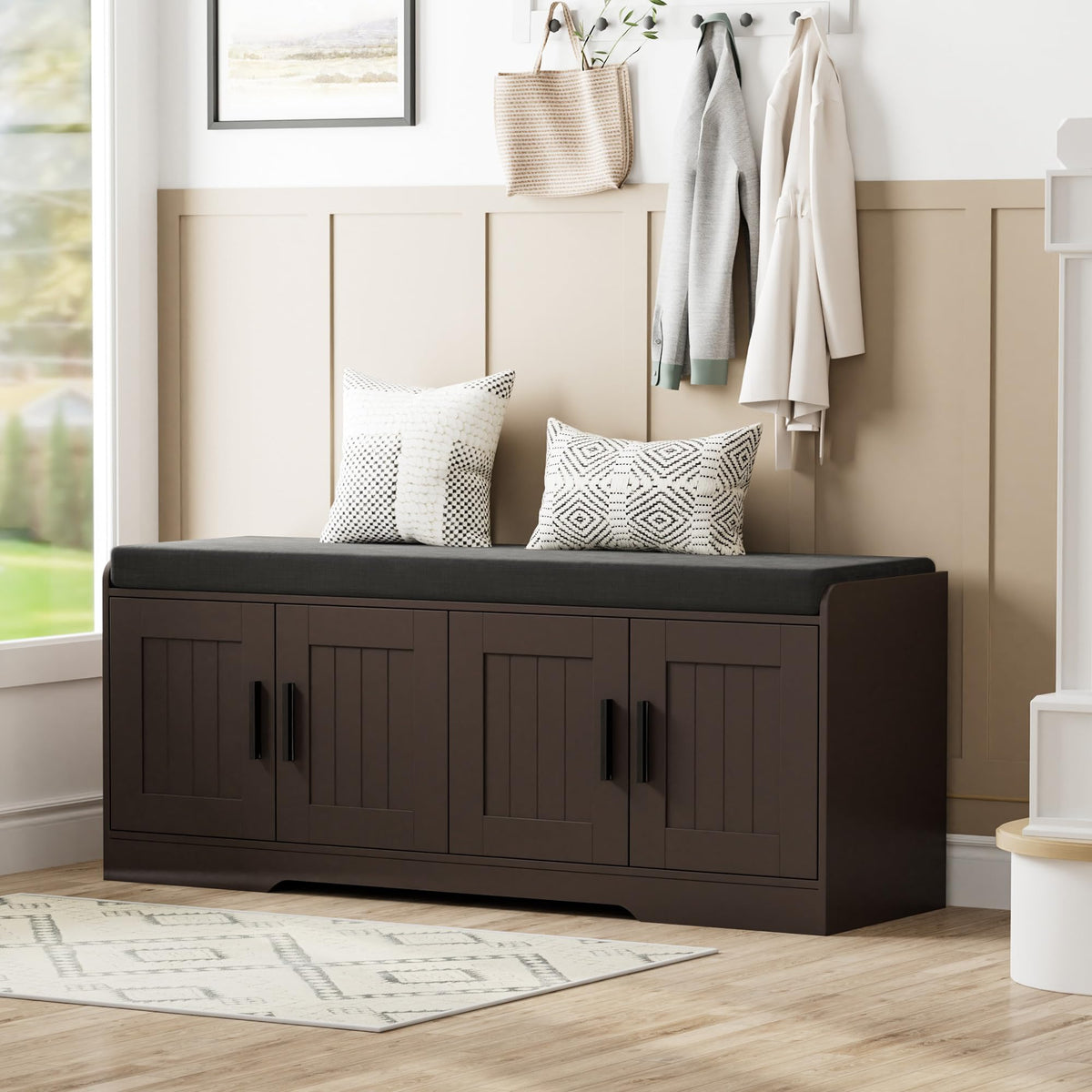 2-Tier Entryway Shoe Storage Bench with Padded Seat Cushion