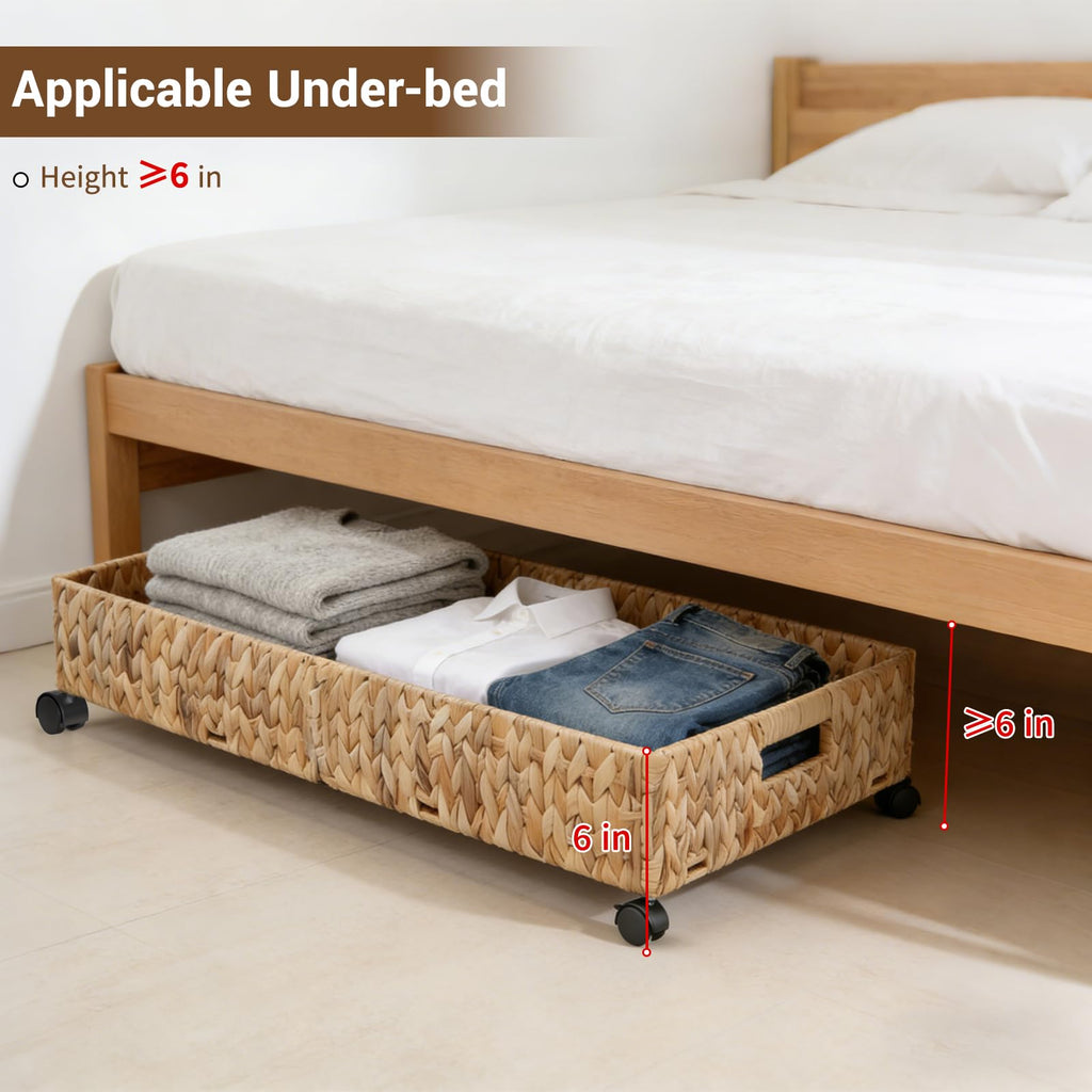 Nonkky Under Bed Storage with Wheels, 31.5in / 37L Large Handwoven Water Hyacinth Under Bed Shoe Storage Organizer Drawer, Tool-free Assembly Rolling Storage Containers