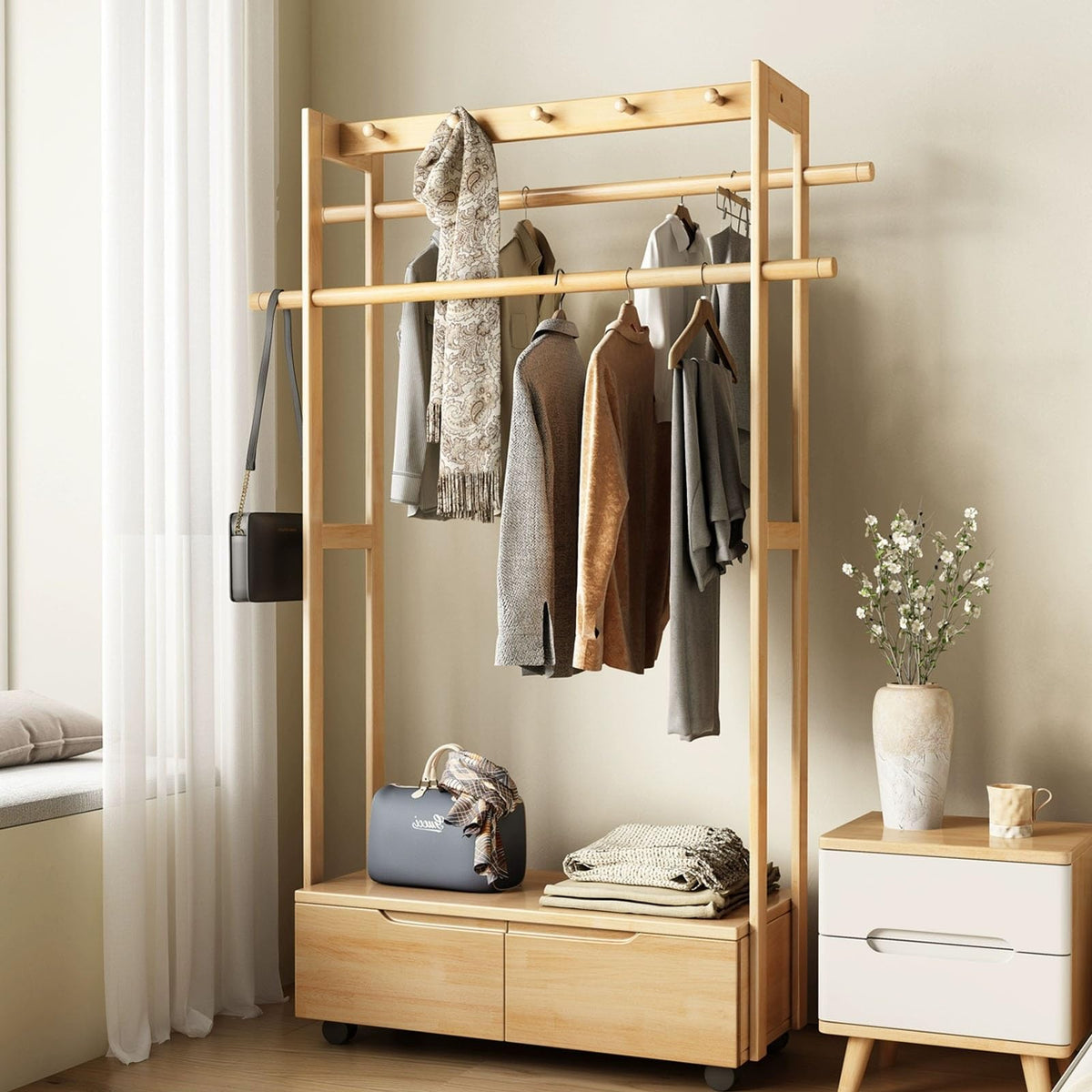 YQMHEZ Wood Garment Racks, Clothing Rack with 2 Drawers, Entryway Hall Tree with 360° Wheels, Coat Rack Floor-Standing, Coat Rack for Hanging Clothes, Bags