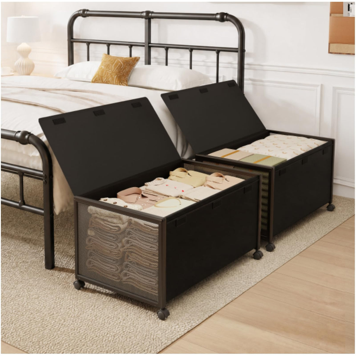 Fokyfok 2 Pack Under the Bed Storage Containers,31 inch Long Underbed Storage with Wheels,12 inch Height Under Bed Shoe Storage,Large Rolling under bed Clothes Storage Drawers with Lid for Dorm,Parent