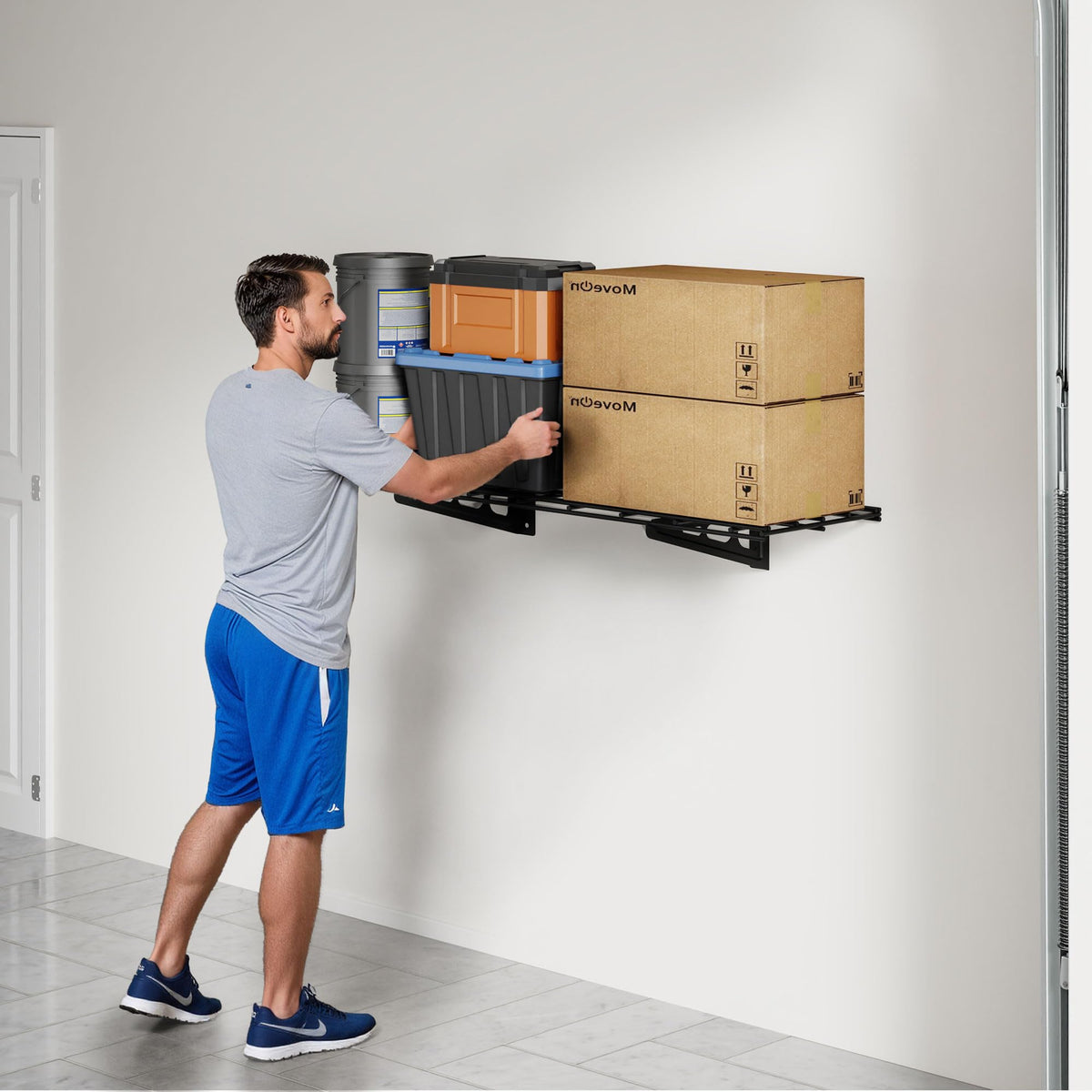 Wall-Mounted Garage Storage Shelf Rack with Utility Hooks