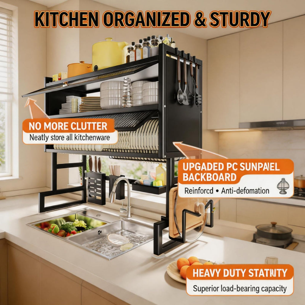 Space-Saving Kitchen Sink Shelf - Multifunctional Double Layer Dish Rack, Dustproof Countertop Organizer, 65cm/25.6in, Ideal for Draining and Storing Dishes (White)