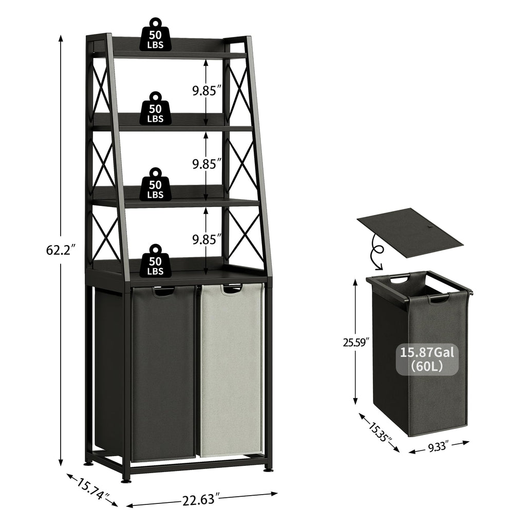 3-Section Laundry Hamper with 4-Tier Shelf & Removable Bags