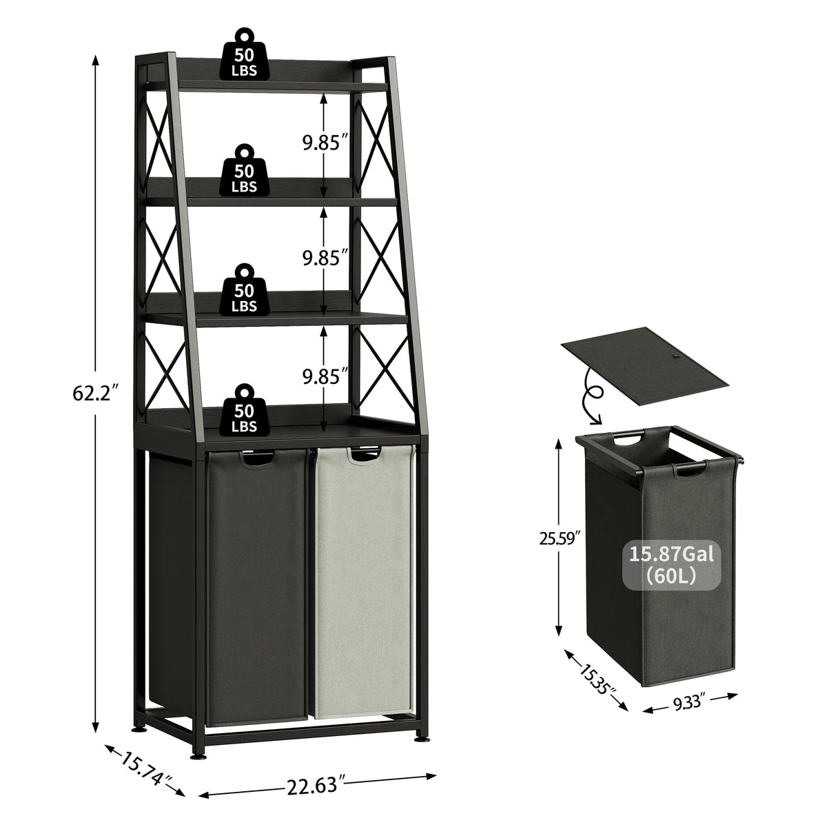 Herture 3 Section Laundry Hamper, 4 Tier Shelf, Pull-Out & Removable Bags, Large 3 x 15.87 Gallons, for Room
