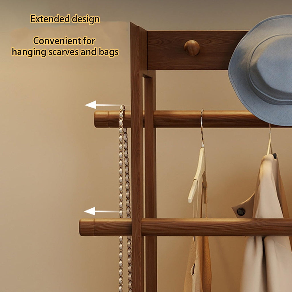 Wooden Clothing Rack with 2 Drawers 360° Rolling Entryway Coat Rack Floor-Standing Garment for Clothes & Bags (Brown 105cm/41.3in)
