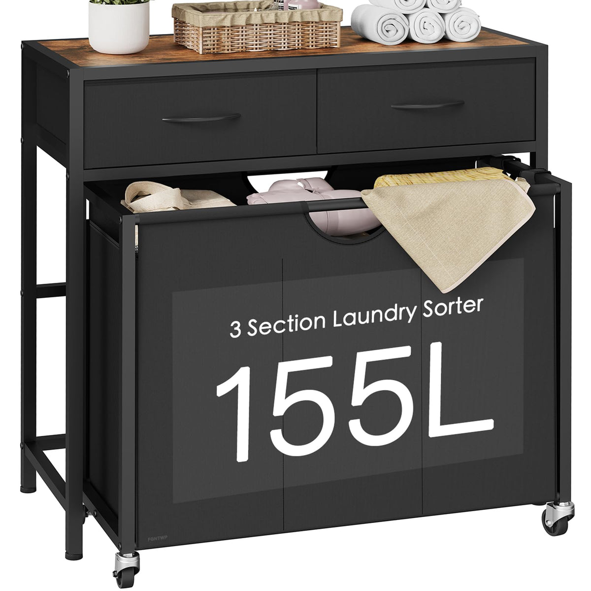 Laundry Sorter, Rolling Laundry Hamper with 3 Section Pull-Out Bags, Laundry Basket Organizer with 2 Drawers & 2-Tone Top Panel, Laundry Hamper with Wheels for Laundry Room Organization, Bathroom