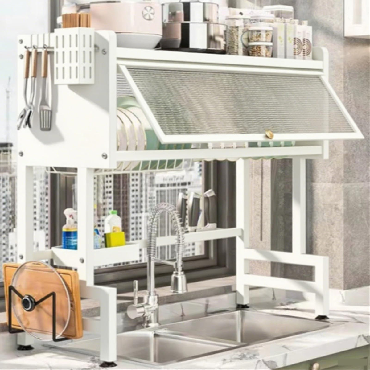 Space-Saving Kitchen Sink Shelf - Multifunctional Double Layer Dish Rack, Dustproof Countertop Organizer, 65cm/25.6in, Ideal for Draining and Storing Dishes (White)
