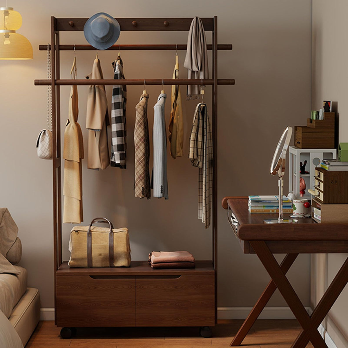 Wooden Clothing Rack with 2 Drawers 360° Rolling Entryway Coat Rack Floor-Standing Garment for Clothes & Bags (Brown 105cm/41.3in)