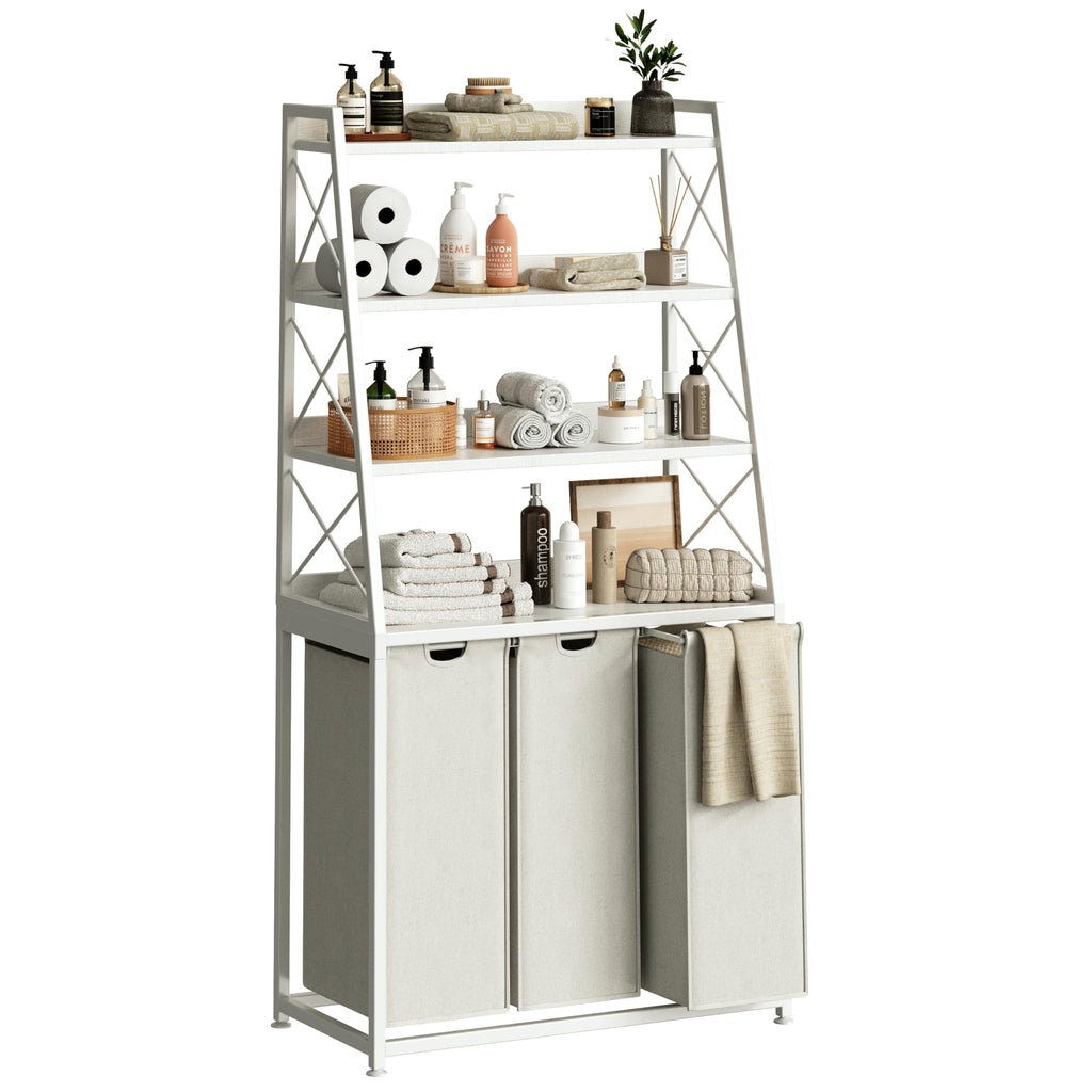 3-Section Laundry Hamper with 4-Tier Shelf & Removable Bags