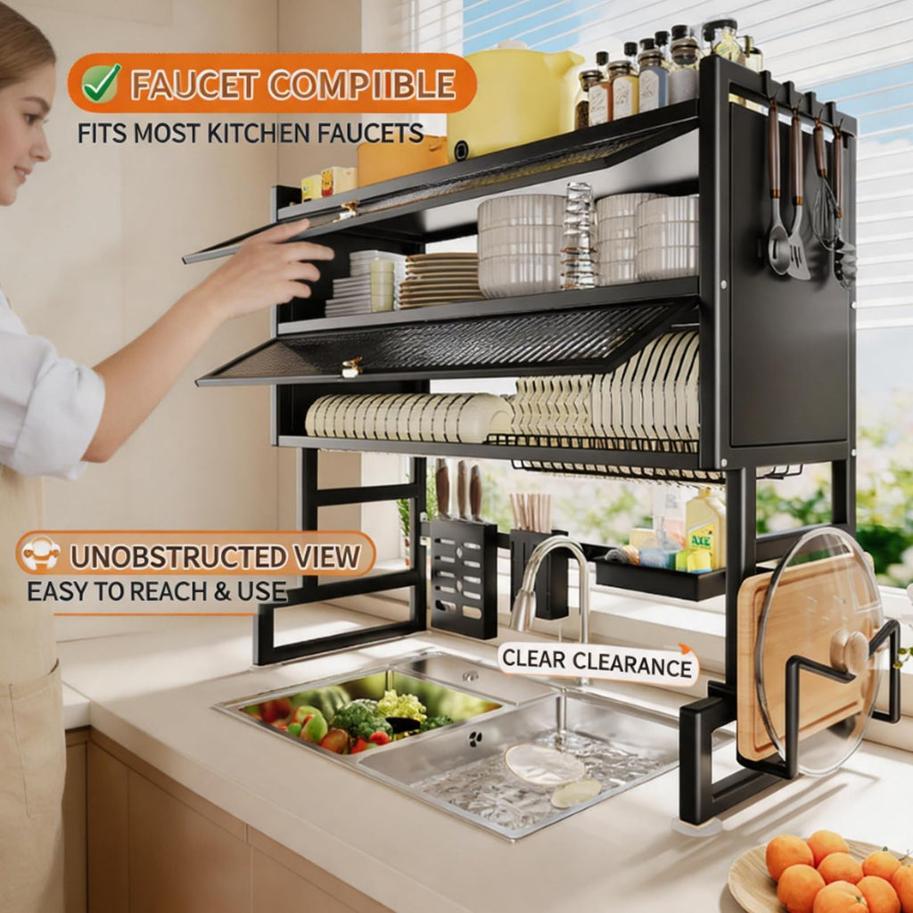 Space-Saving Kitchen Sink Shelf - Multifunctional Double Layer Dish Rack, Dustproof Countertop Organizer, 65cm/25.6in, Ideal for Draining and Storing Dishes (White)