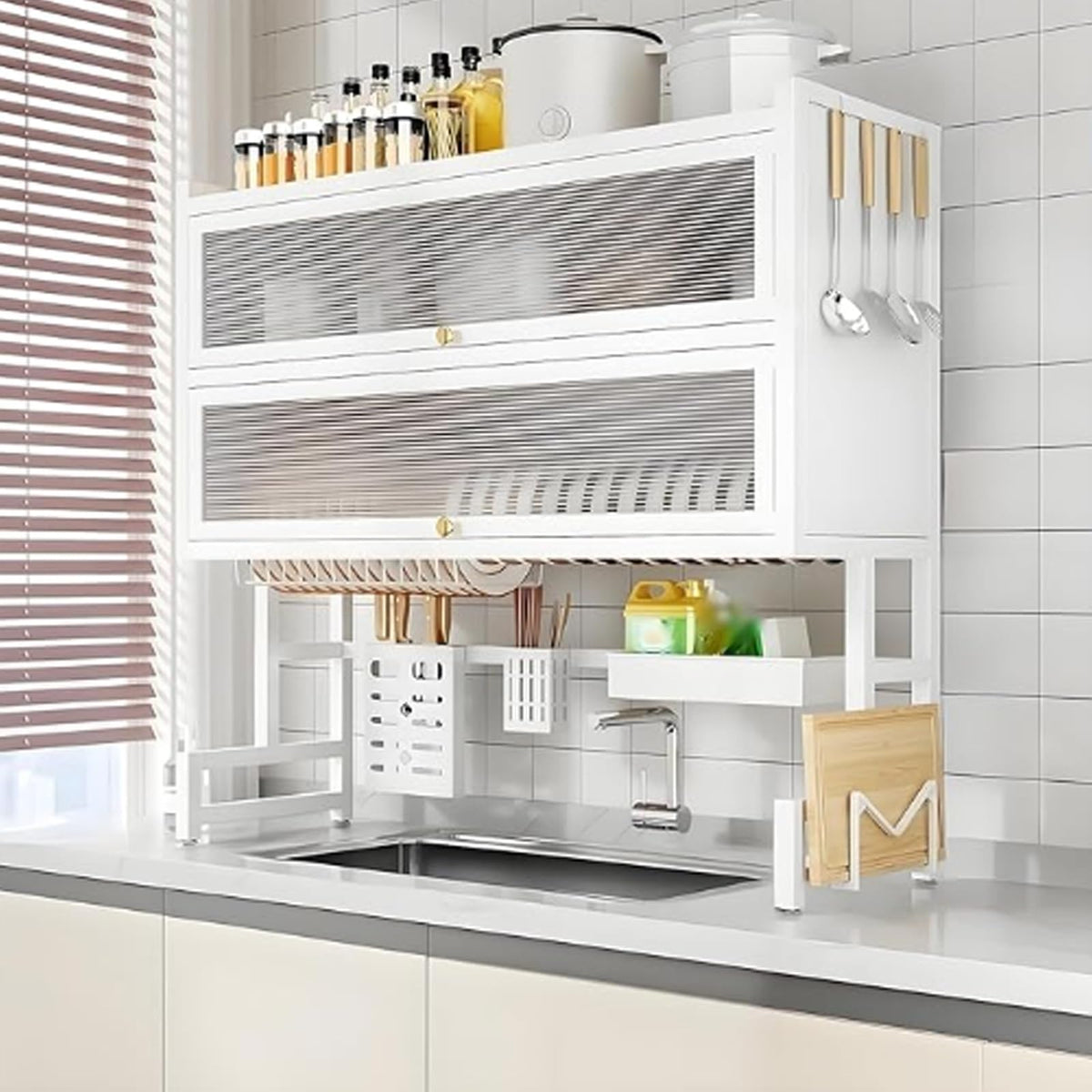 Space-Saving Kitchen Sink Shelf - Multifunctional Double Layer Dish Rack, Dustproof Countertop Organizer, 65cm/25.6in, Ideal for Draining and Storing Dishes (White)