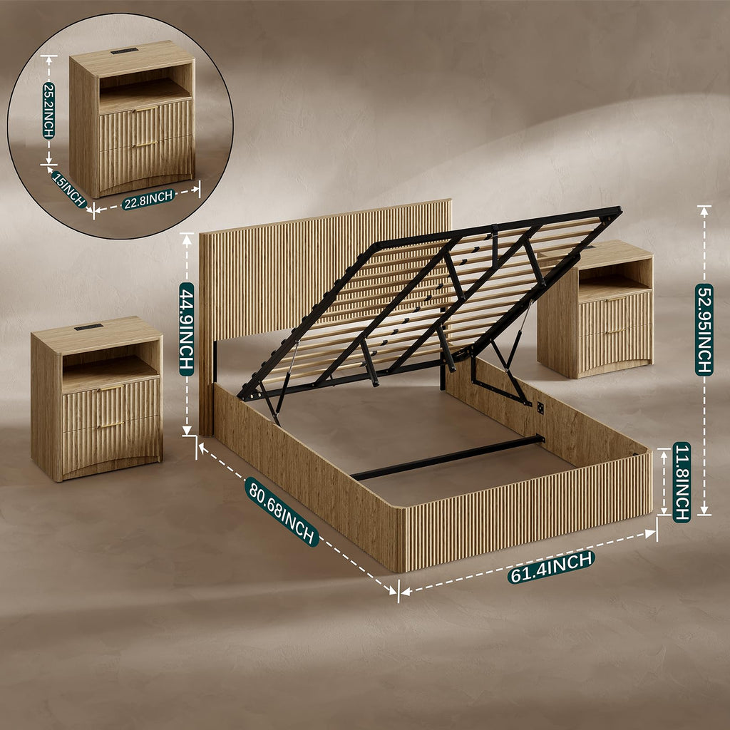 Evermagin 3-Piece Bedroom Furniture Set, Bed Frame & Nightstands