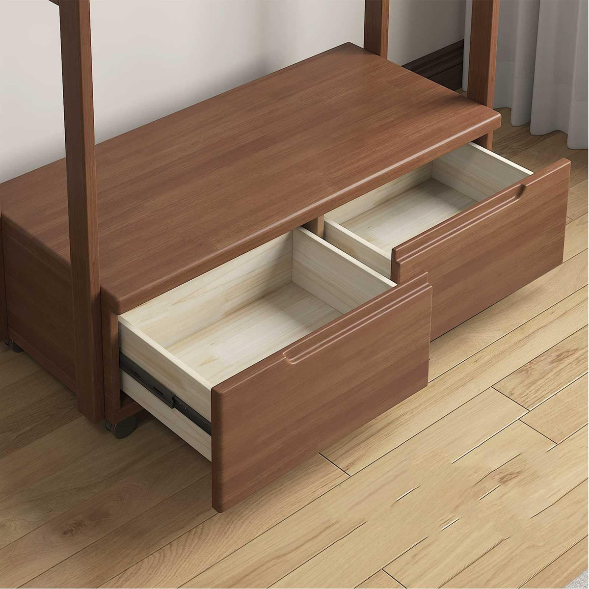 RFBXZPTADNU Solid Wood Rolling Garment Rack with 2 Drawers, Freestanding Double Rod Clothing with Top Hooks for Bedroom, Entryway & Closet