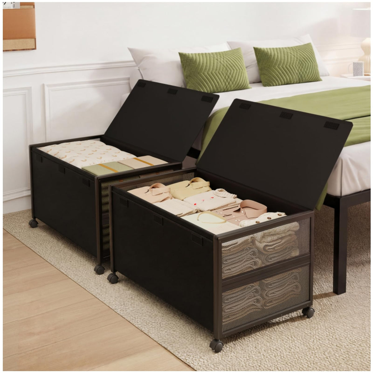 Fokyfok 2 Pack Under the Bed Storage Containers,31 inch Long Underbed Storage with Wheels,12 inch Height Under Bed Shoe Storage,Large Rolling under bed Clothes Storage Drawers with Lid for Dorm,Parent