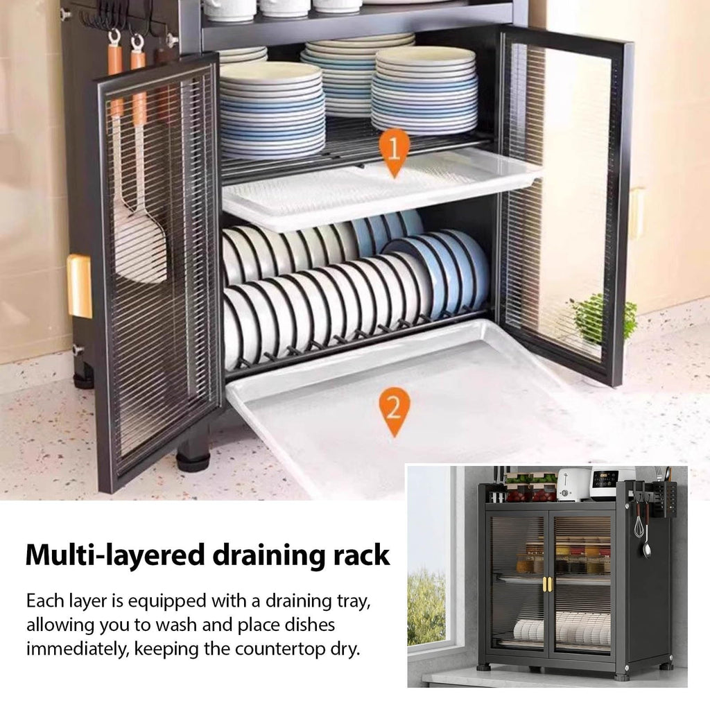 Multifunctional Kitchen Countertop Dish Cabinet, White Storage Rack with Dustproof Doors, Space-Saving Sink Organizer for Efficient Kitchen Organization, 3-Tier Design