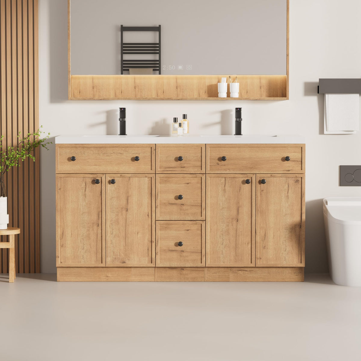 LUCKWIND Farmhouse Bathroom Vanity with Sink, Rustic Modern Bathroom Cabinet with Undermount Solid Surface Sink