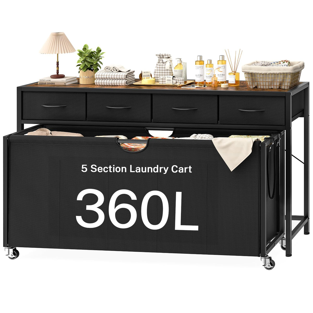 Laundry Sorter, Rolling Laundry Hamper with 3 Section Pull-Out Bags, Laundry Basket Organizer with 2 Drawers & 2-Tone Top Panel, Laundry Hamper with Wheels for Laundry Room Organization, Bathroom