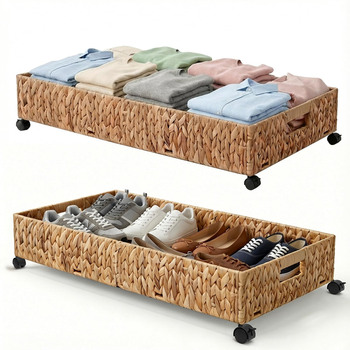 Nonkky Under Bed Storage with Wheels, 31.5in / 37L Large Handwoven Water Hyacinth Under Bed Shoe Storage Organizer Drawer, Tool-free Assembly Rolling Storage Containers