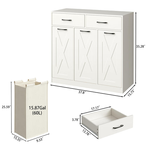 3-Section Laundry Hamper Cabinet with Drawers & Pull-Out Bags