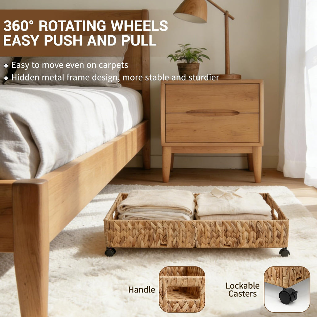 Nonkky Under Bed Storage with Wheels, 31.5in / 37L Large Handwoven Water Hyacinth Under Bed Shoe Storage Organizer Drawer, Tool-free Assembly Rolling Storage Containers