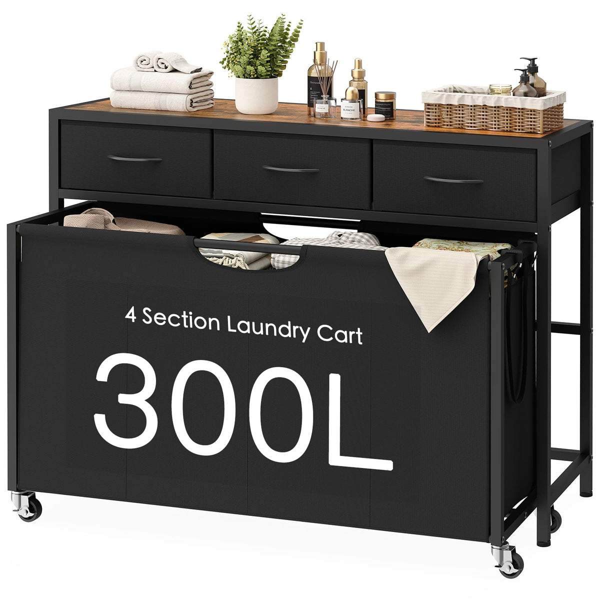 Laundry Sorter, Rolling Laundry Hamper with 3 Section Pull-Out Bags, Laundry Basket Organizer with 2 Drawers & 2-Tone Top Panel, Laundry Hamper with Wheels for Laundry Room Organization, Bathroom