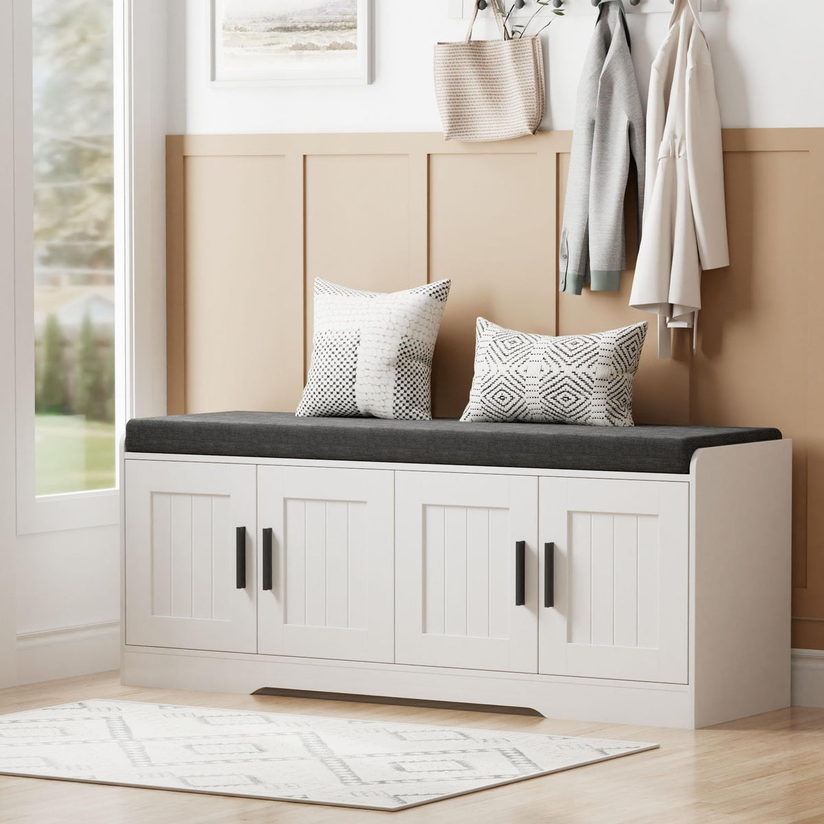 2-Tier Entryway Shoe Storage Bench with Padded Seat Cushion