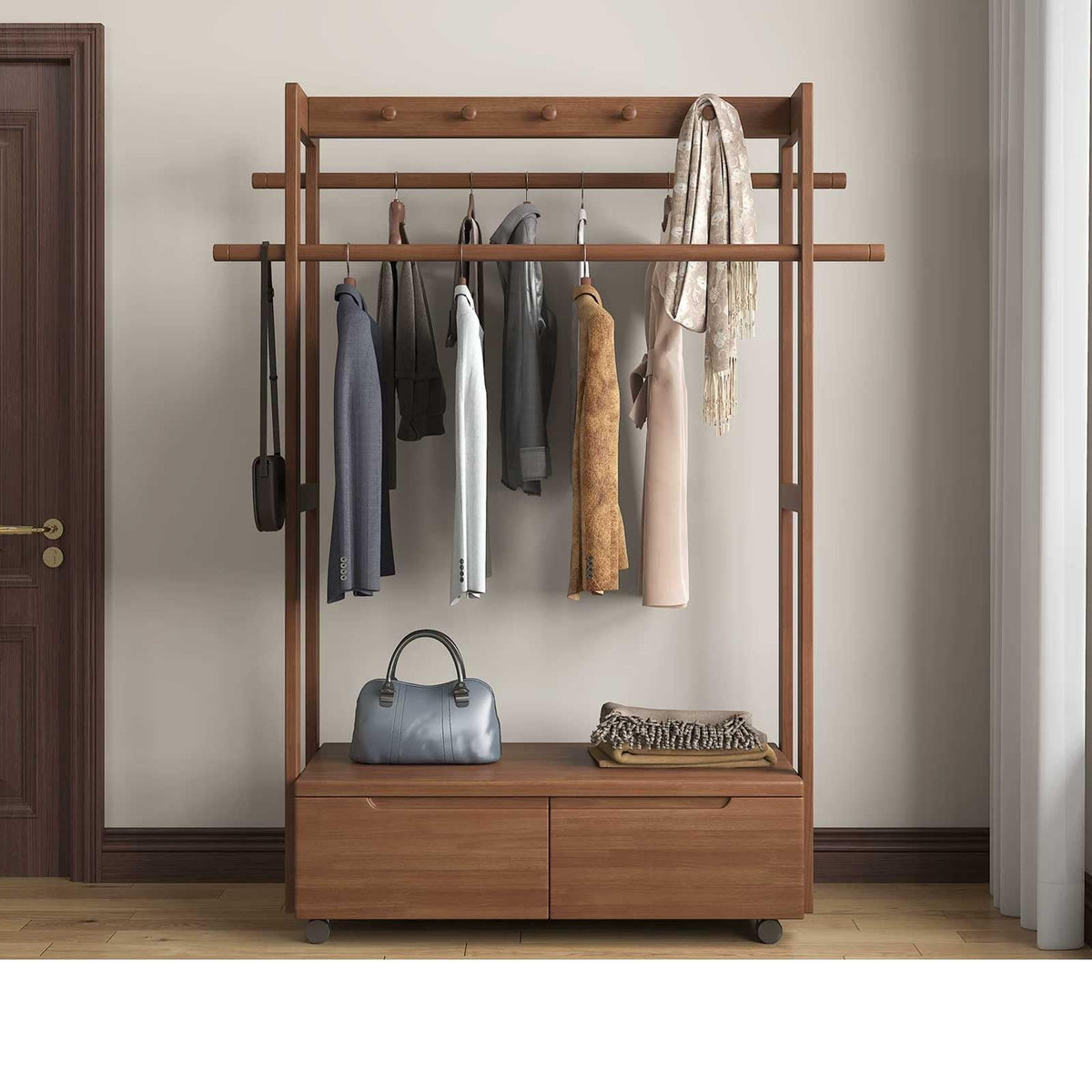 RFBXZPTADNU Solid Wood Rolling Garment Rack with 2 Drawers, Freestanding Double Rod Clothing with Top Hooks for Bedroom, Entryway & Closet