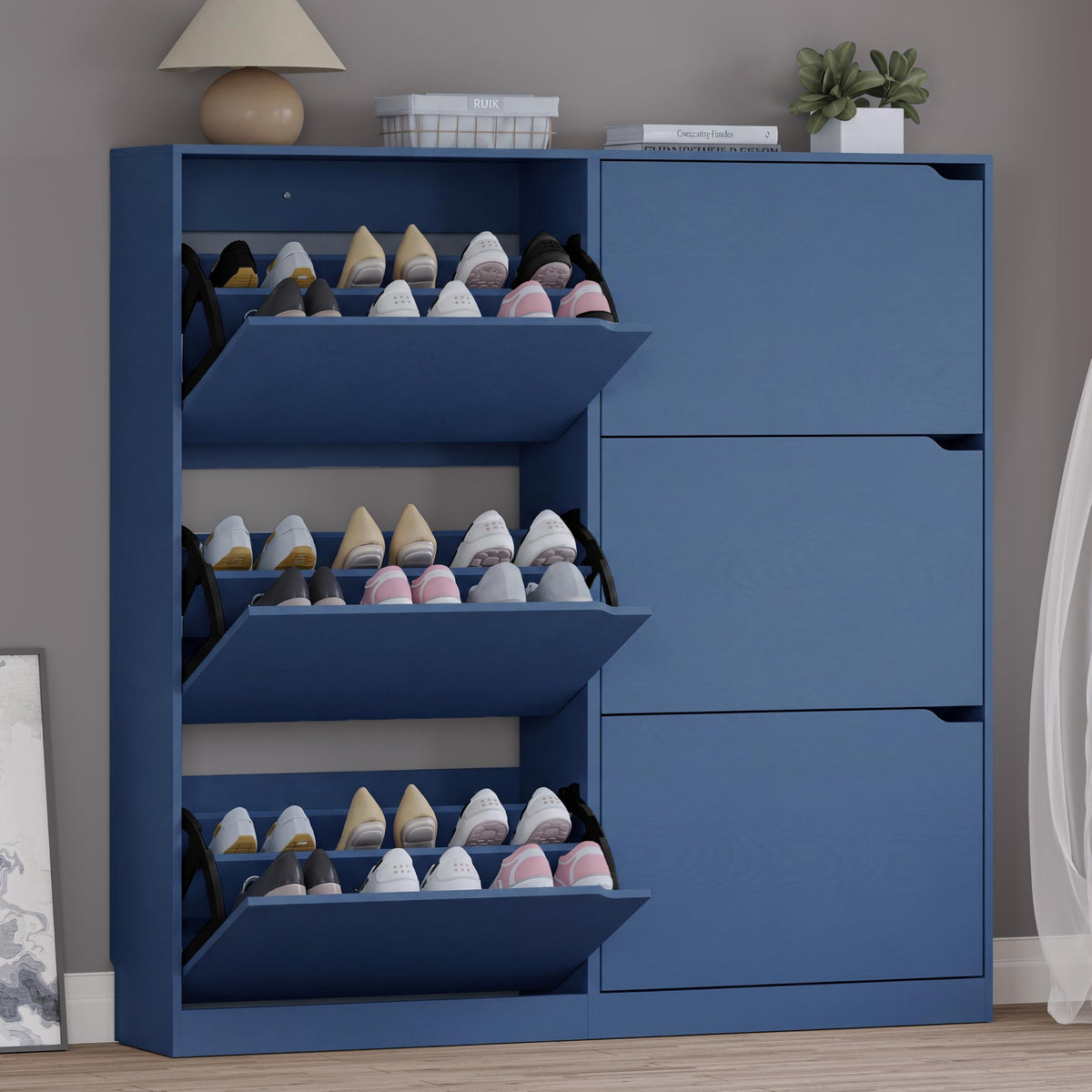 BORNOON Shoe Cabinet, Slim Narrow Shoe Storage Cabinet, Freestanding Shoe Organizer with Adjustable & Removable Shelves, Top Display Shelf for Entryway, Hallway, Foyer, Closet