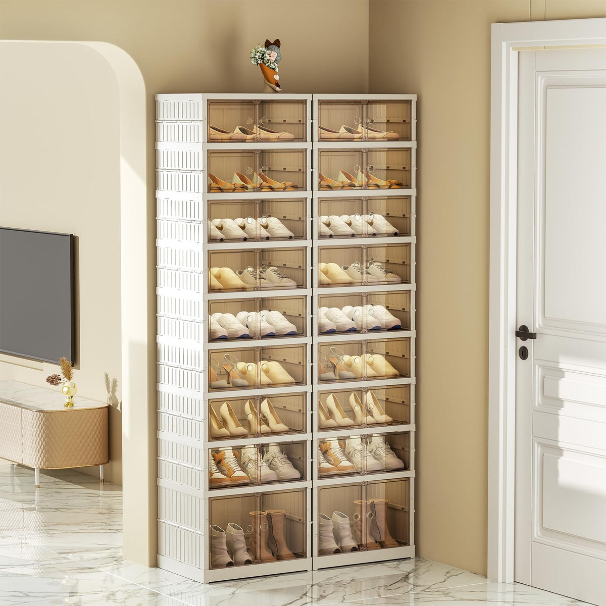 SYNCVIBE Shoe Rack Organizer for Closet Entryway Foldable Sneaker Storage Shoe, Collapsible Shoe Cabinet, Stackable Shoe Storage Cabinet with Lids for Living Room