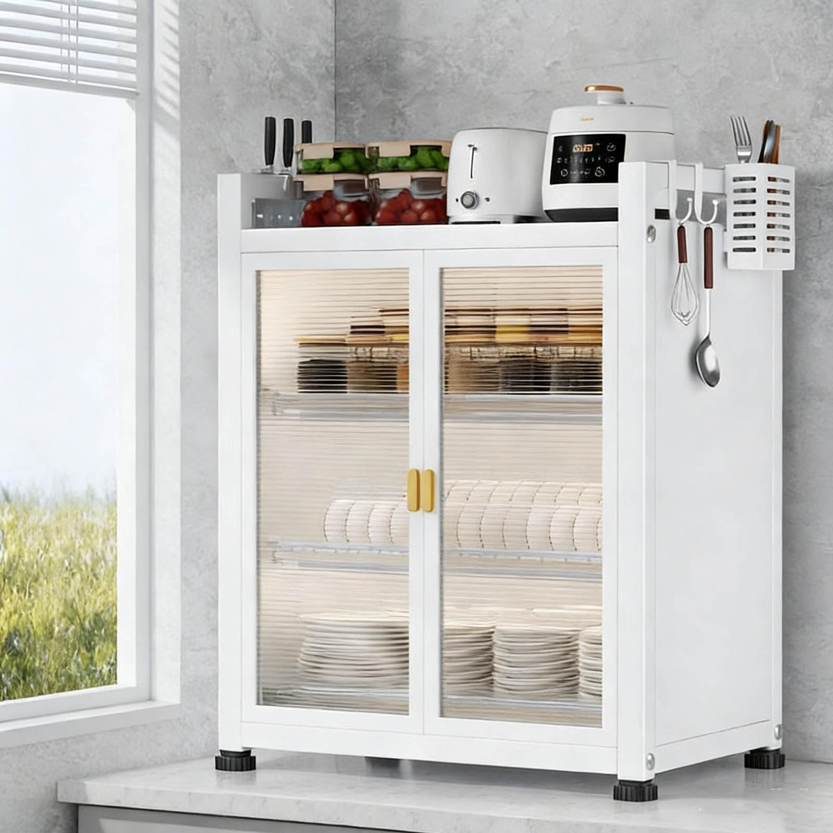 Multifunctional Kitchen Countertop Dish Cabinet, White Storage Rack with Dustproof Doors, Space-Saving Sink Organizer for Efficient Kitchen Organization, 3-Tier Design