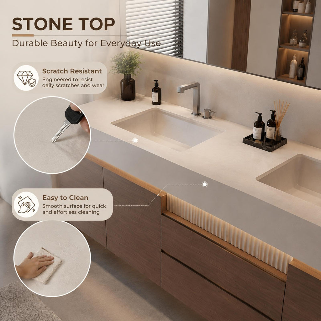 KOCFUA Floating Double Bathroom Vanity with Integrated Sinks & LED Mirror